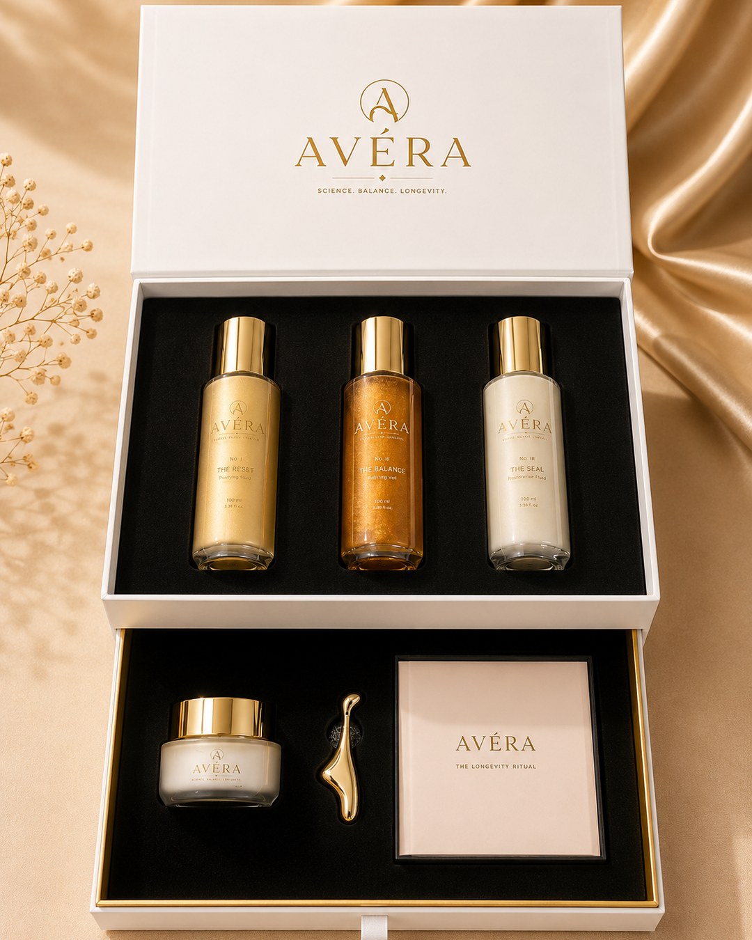 The complete AVÉRA Founding Allocation arranged on ivory silk